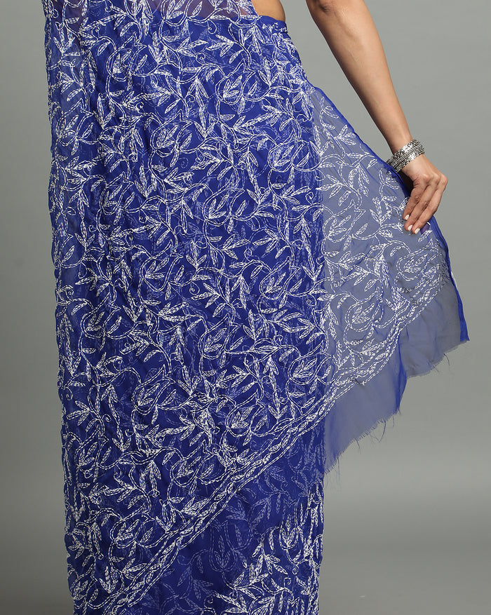 Georgette Handcrafted Tepchi work Blue Saree-Indiehaat