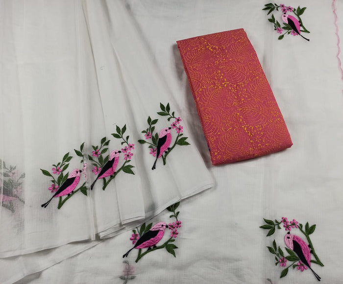 Kota Doria Embroidery White Saree with Red blouse Handcrafted-Indiehaat