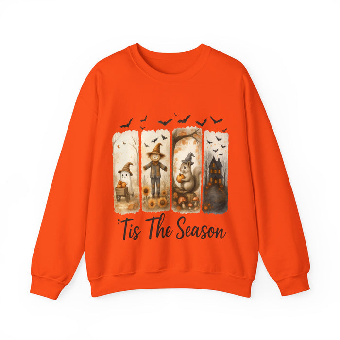 Orange sweatshirt with Halloween-themed design and 'Tis The Season text on a white background