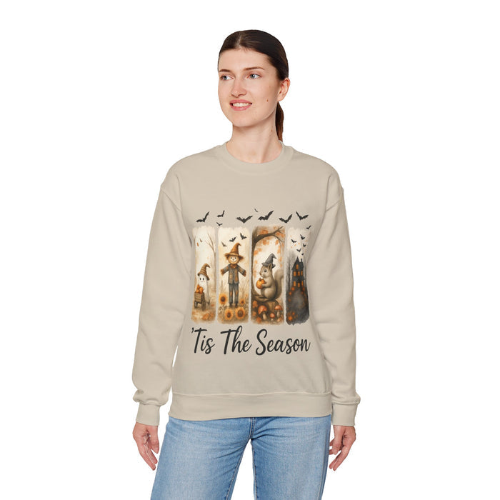 Woman wearing a beige sweatshirt with a festive design and text on a white background