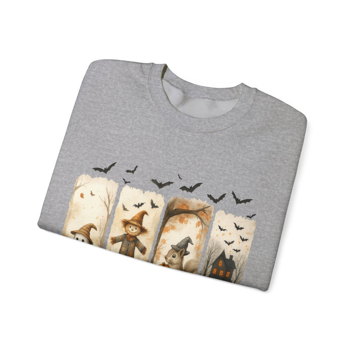 Folded gray sweatshirt with Halloween-themed design on a white background