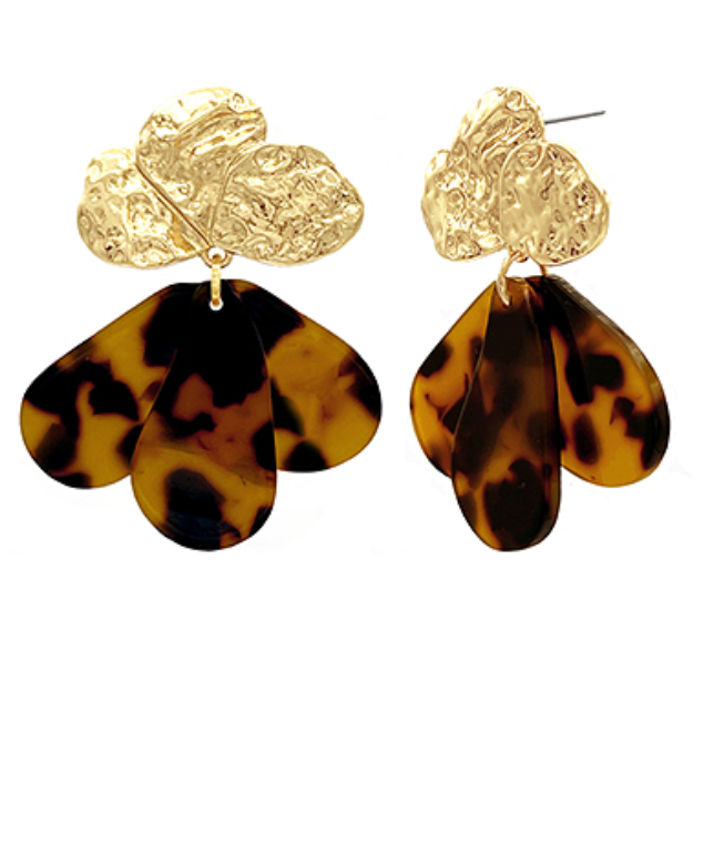 Tortoise/Gold Acetate Teardrop Textured Dangle Earrings