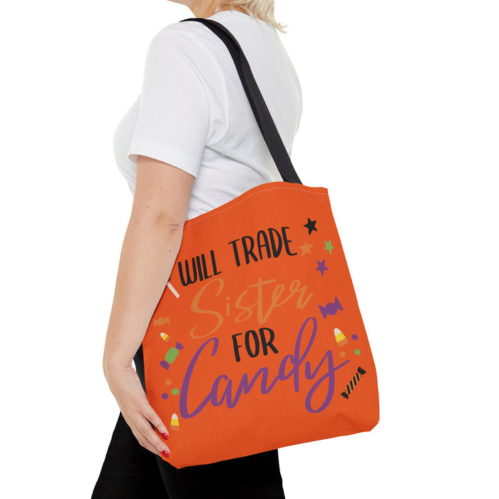 Trade Sister for Candy Halloween Trick or Treat Bag over the shoulder of an adult woman