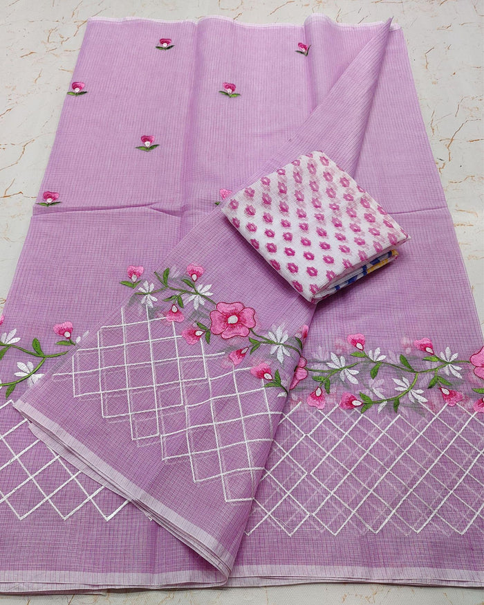 Kota Doria Lavendar Saree Embroidery