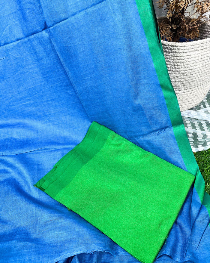 Slub Linen Hand Dyed Blue Saree with Contrast Blouse-Indiehaat