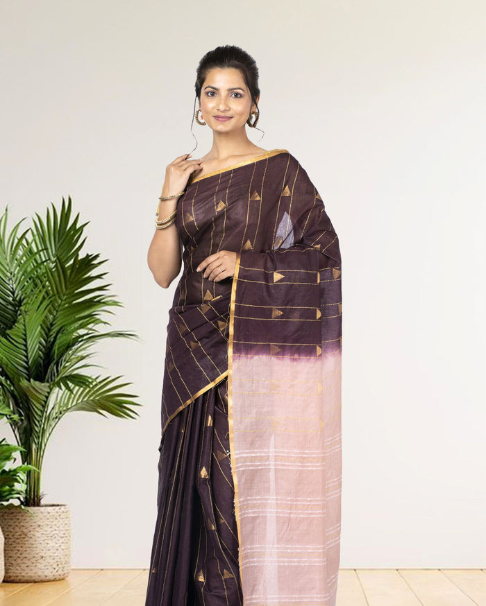 Trikon Katha Pure Kota Silk Saree Wine Brown