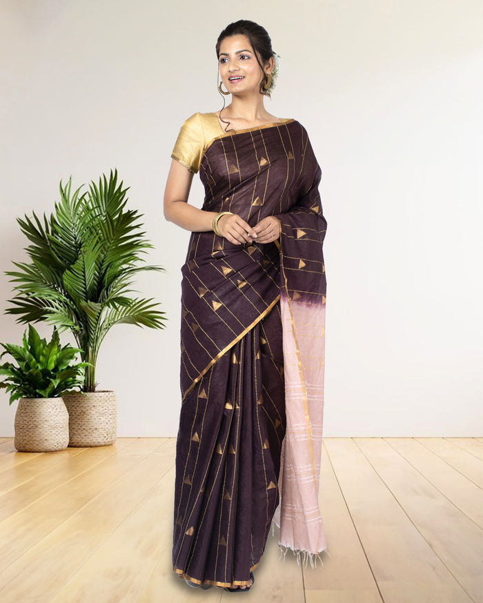 Trikon Katha Pure Kota Silk Saree Wine Brown