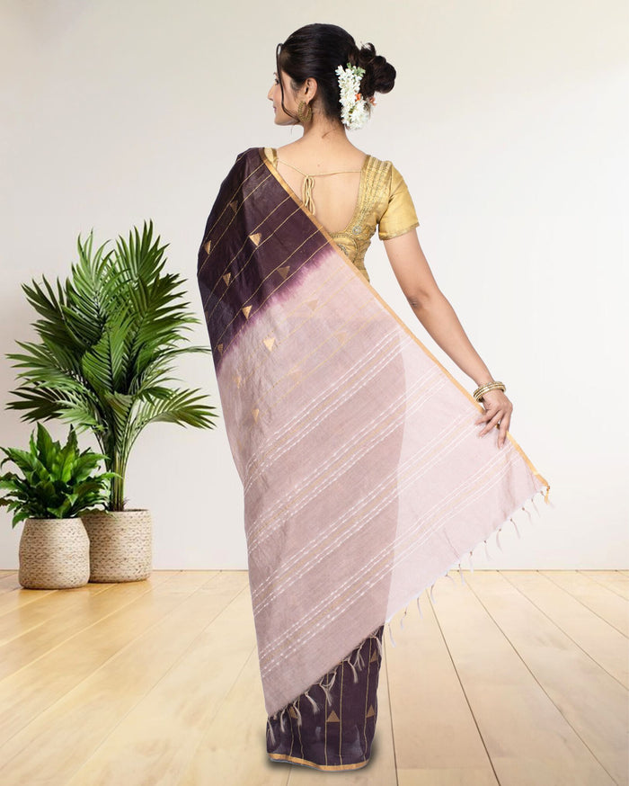 Trikon Katha Pure Kota Silk Saree Wine Brown