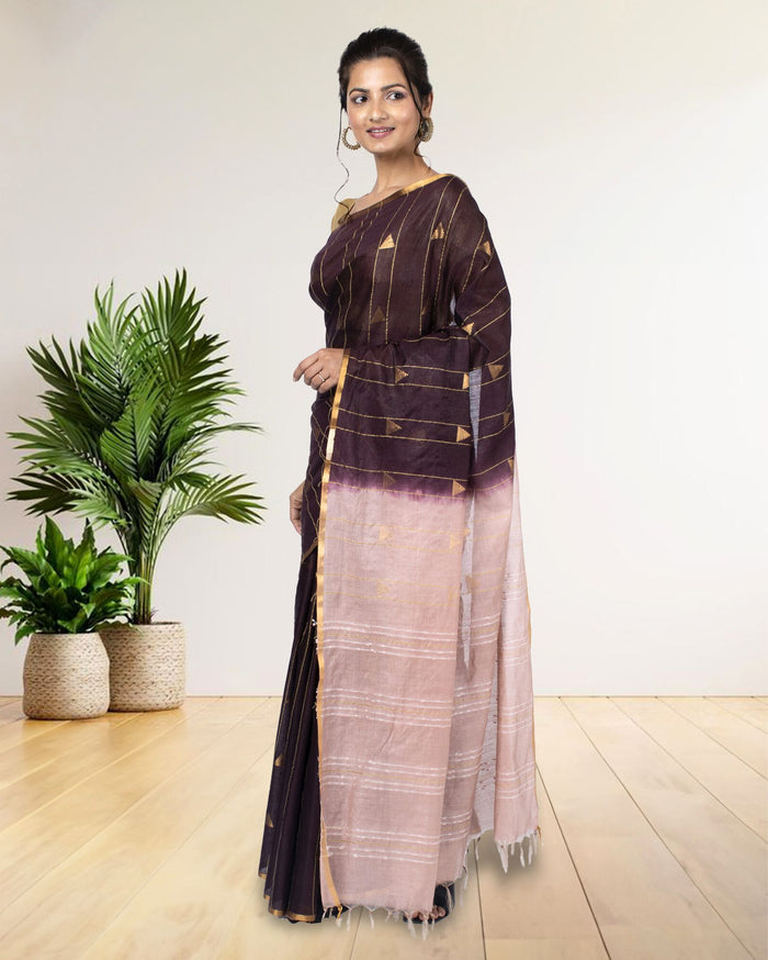 Trikon Katha Pure Kota Silk Saree Wine Brown