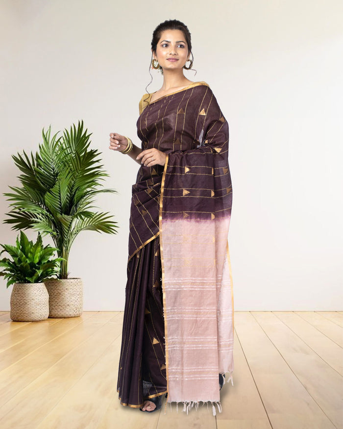 Trikon Katha Pure Kota Silk Saree Wine Brown