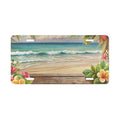 License plate with a tropical beach design featuring palm trees, flowers, and ocean waves.