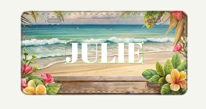 License plate with a tropical beach design and the name 'JULIE' on it.