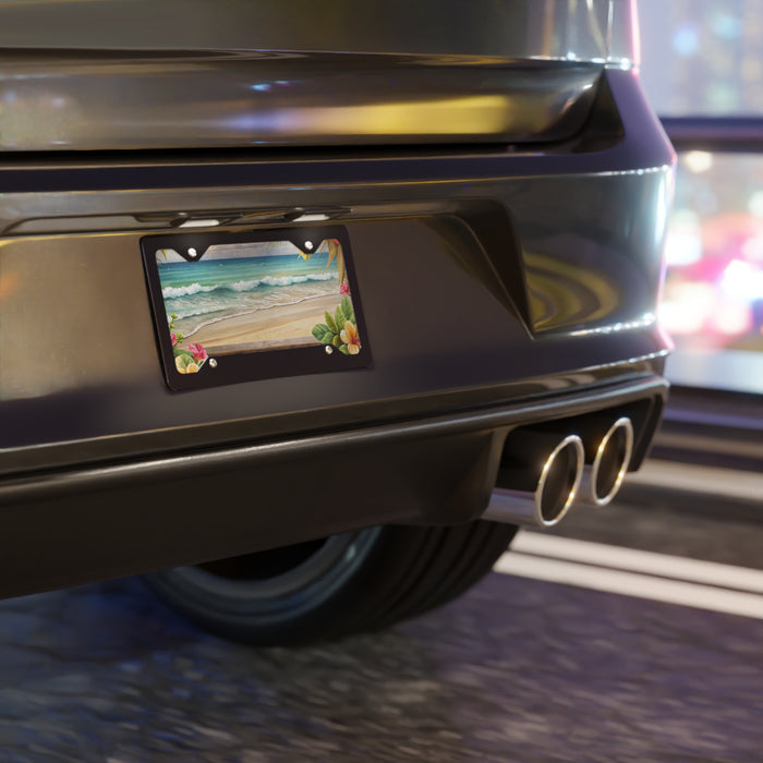 Car rear view with a decorative license plate on a blurred background