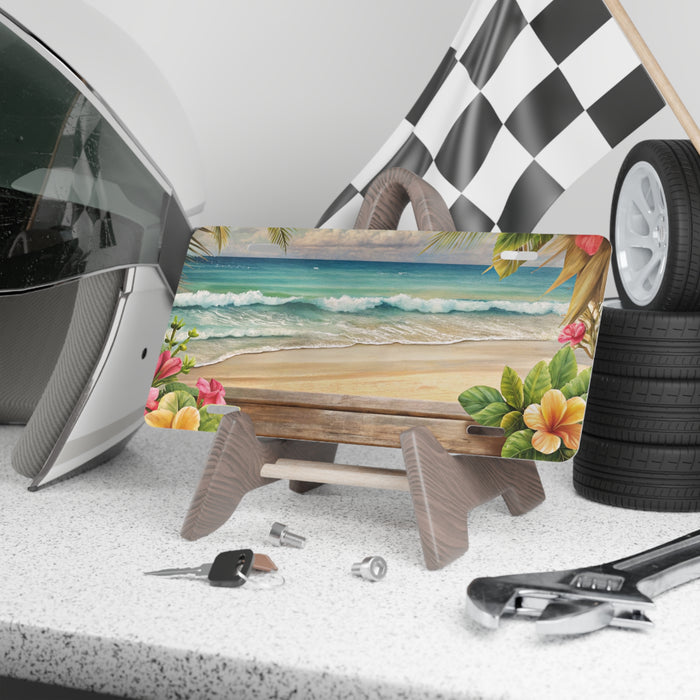 Car parts and tools on a workbench with a beach scene in the background