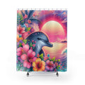 Tropical Dolphin Sunset Shower Curtain | Coastal Beach Bathroom Decor Floral