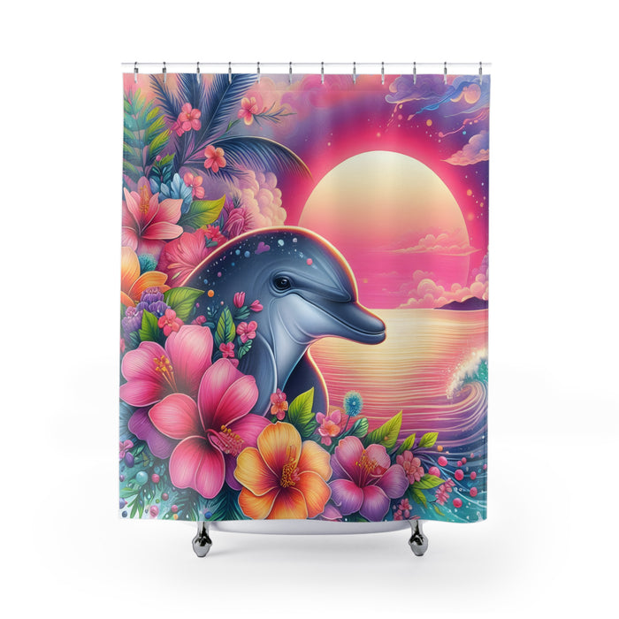 Tropical Dolphin Sunset Shower Curtain | Coastal Beach Bathroom Decor Floral