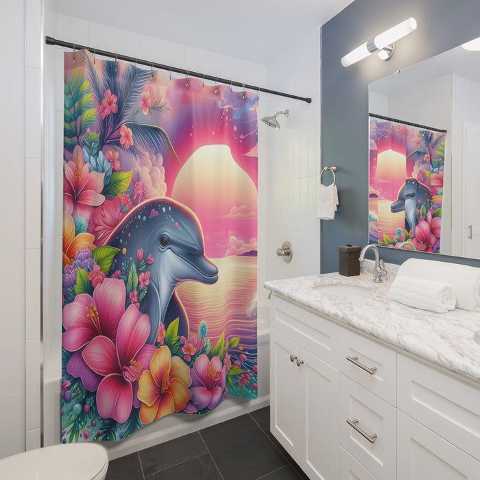 Tropical Dolphin Sunset Shower Curtain | Coastal Beach Bathroom Decor Floral