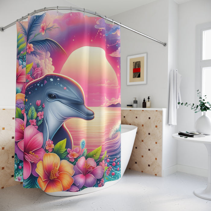 Tropical Dolphin Sunset Shower Curtain | Coastal Beach Bathroom Decor Floral