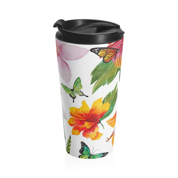 Tropical Flowers and Butterflies Stainless Steel Travel Mug 15 oz