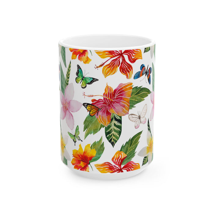Tropical Flowers & Butterflies Coffee Mug – 2 sizes Ceramic Cup Dishwasher Safe