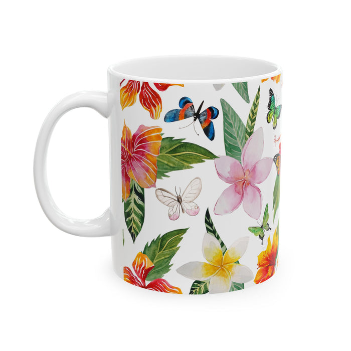 Tropical Flowers & Butterflies Coffee Mug – 2 sizes Ceramic Cup Dishwasher Safe