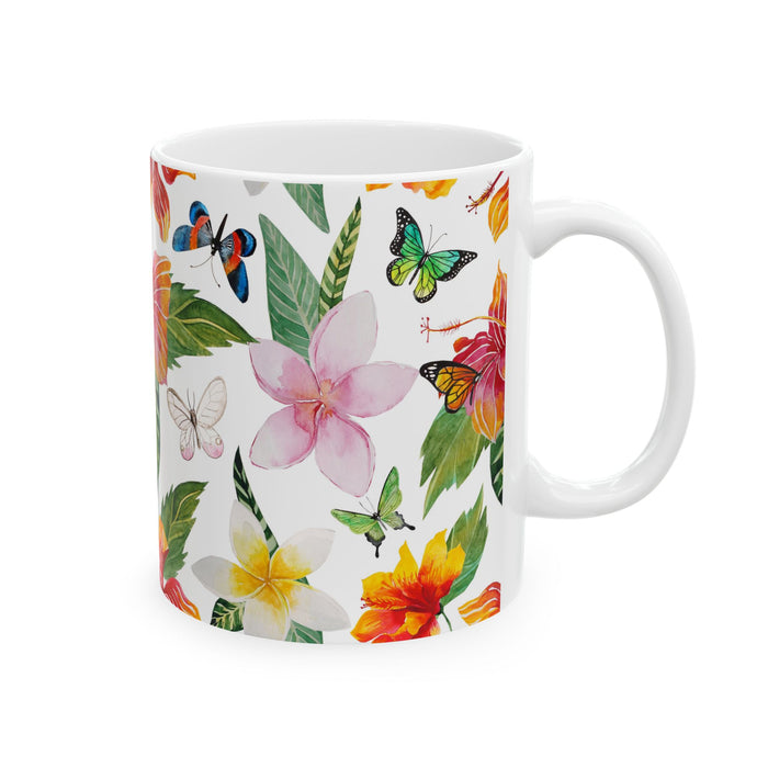 Tropical Flowers & Butterflies Coffee Mug – 2 sizes Ceramic Cup Dishwasher Safe