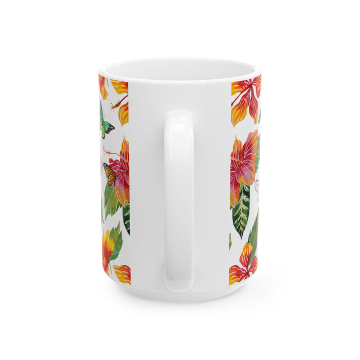 Tropical Flowers & Butterflies Coffee Mug – 2 sizes Ceramic Cup Dishwasher Safe