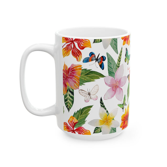 Tropical Flowers & Butterflies Coffee Mug – 2 sizes Ceramic Cup Dishwasher Safe