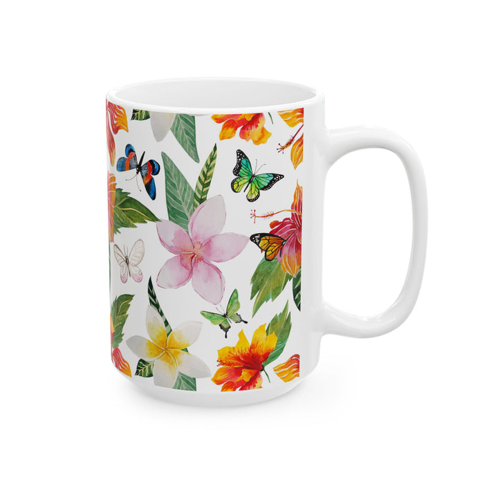 Tropical Flowers & Butterflies Coffee Mug – 2 sizes Ceramic Cup Dishwasher Safe