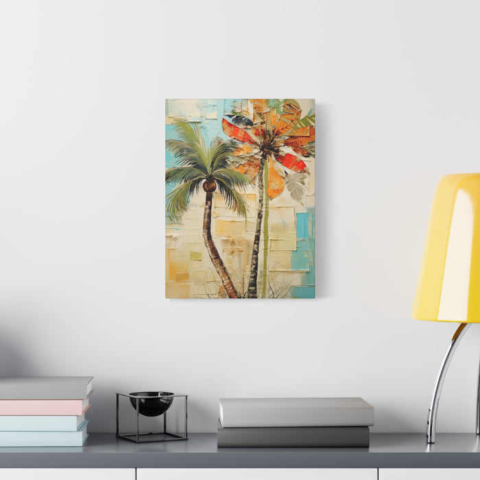 Canvas print of a tropical scene with palm trees on a wall above a desk.