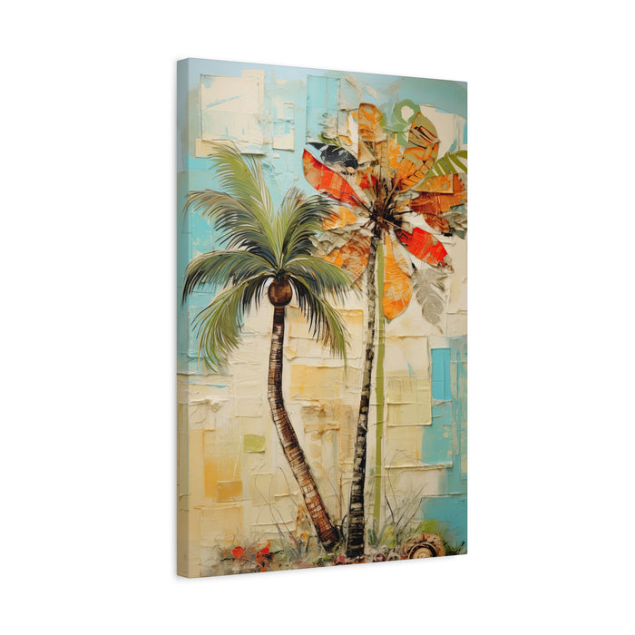 Canvas print with palm trees and a colorful abstract design on a white background