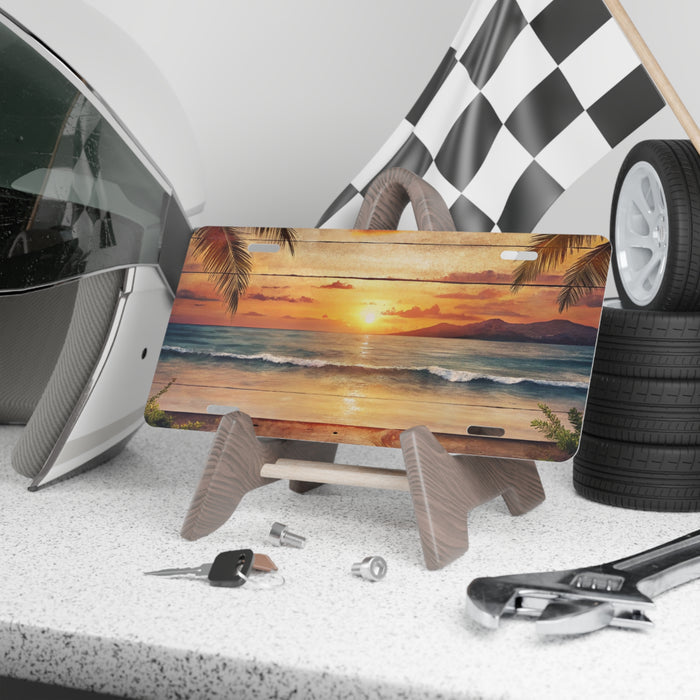 Wooden stand with a beach-themed license plate, helmet, tools, and checkered flag in the background.