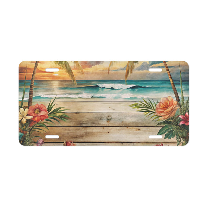 Tropical beach scene with palm trees and flowers on a wooden background