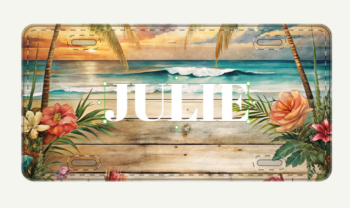 Tropical beach scene license plate with 'JULIE' text and floral elements