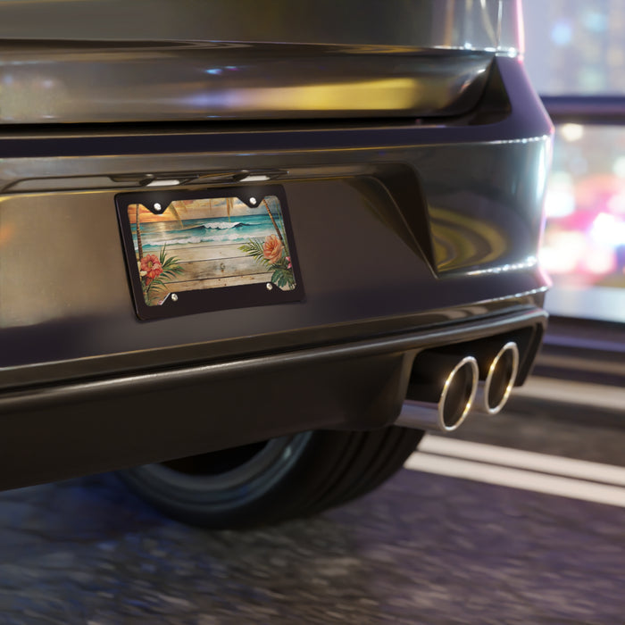 Car license plate with decorative design on a blurred background