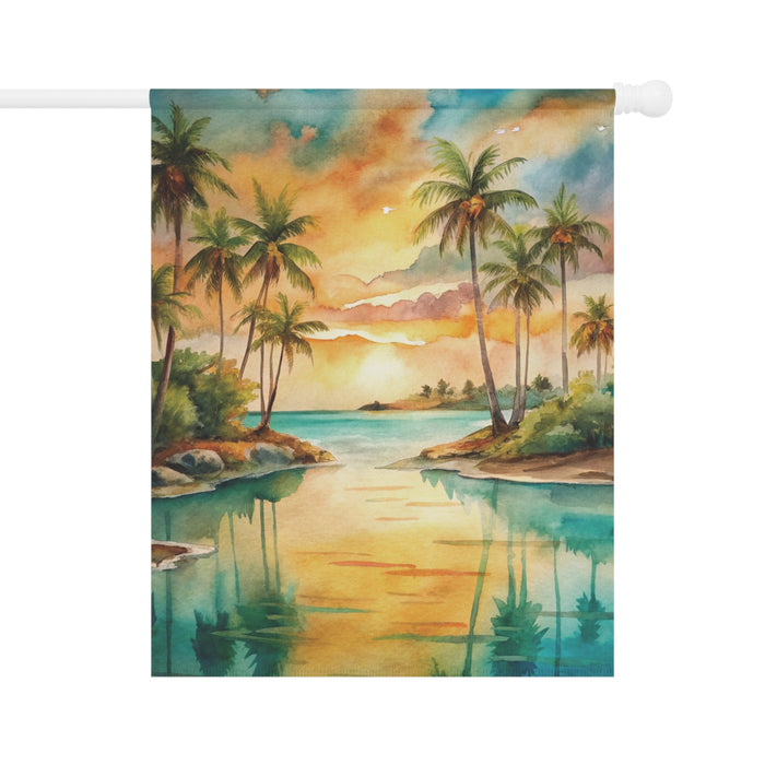 Tropical Sunset Palm Tree Garden Flag & Porch Banner Beach Yard Decor Art