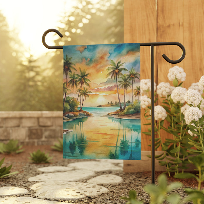 Tropical Sunset Palm Tree Garden Flag & Porch Banner Beach Yard Decor Art