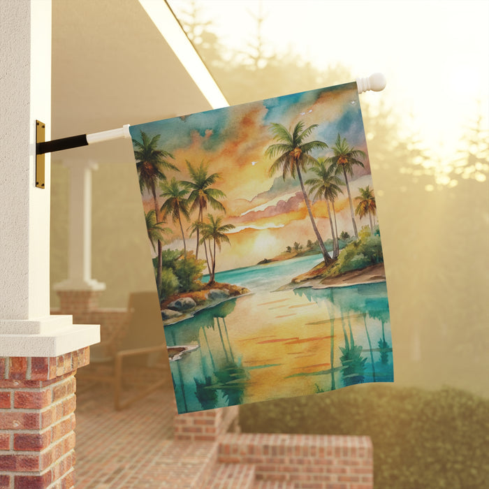 Tropical Sunset Palm Tree Garden Flag & Porch Banner Beach Yard Decor Art