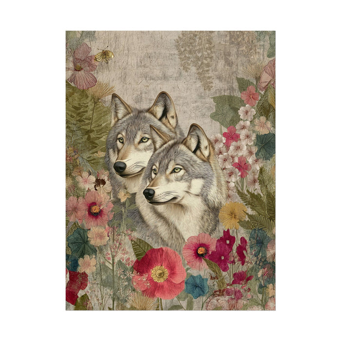 Two wolves surrounded by flowers on a textured background