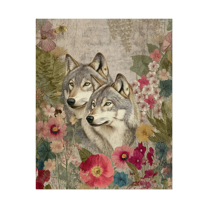 Two wolves surrounded by flowers on a textured background