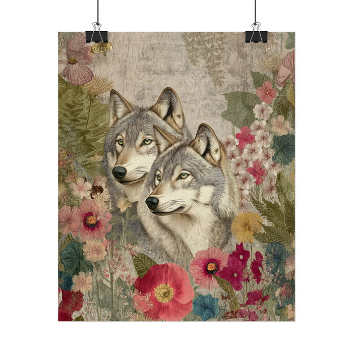 Two wolves surrounded by flowers on a textured background