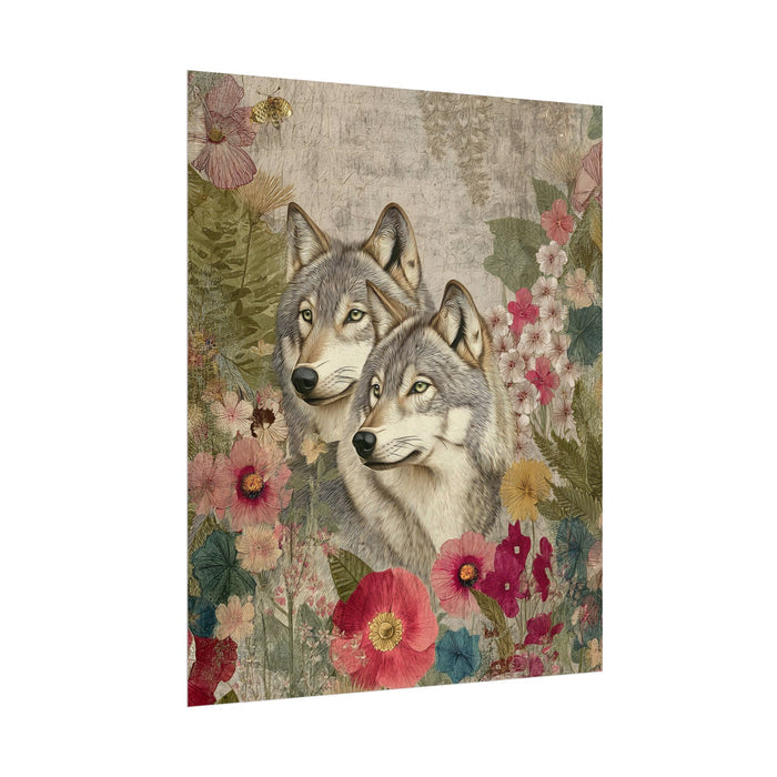 Decorative panel with two wolves surrounded by flowers on a textured background