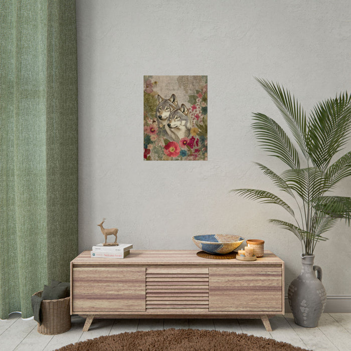 Living room with wooden cabinet, decorative items, and a floral wolf artwork on the wall.