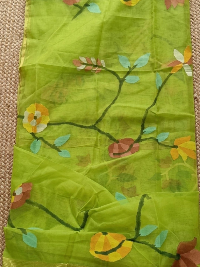 Indiehaat | Muslin Jamdani Silk Saree Handloom Green