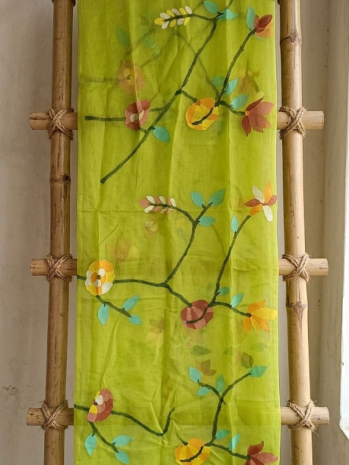 Indiehaat | Muslin Jamdani Silk Saree Handloom Green