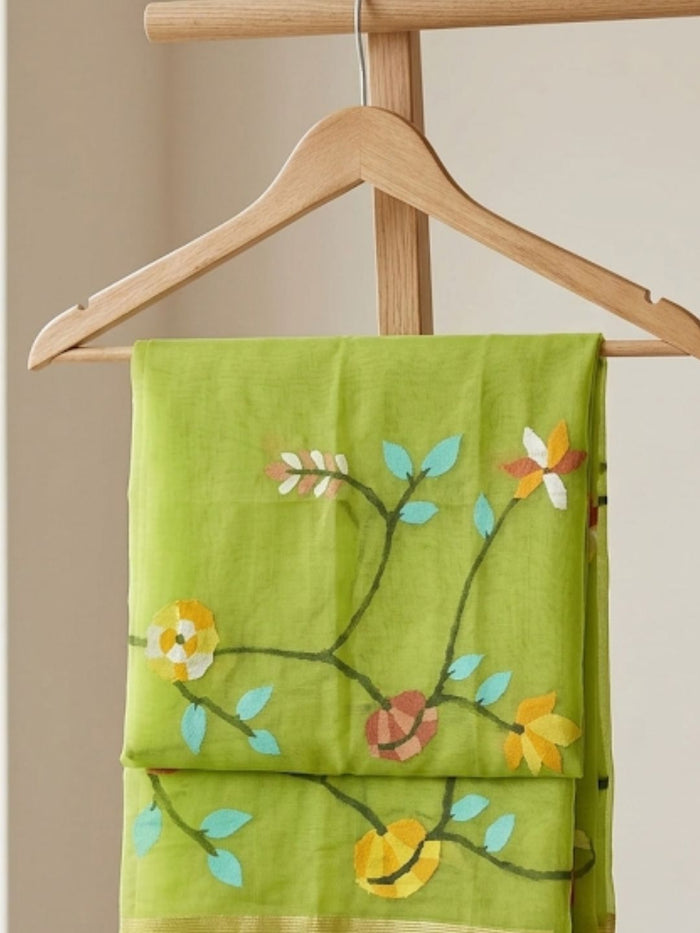 Indiehaat | Muslin Jamdani Silk Saree Handloom Green