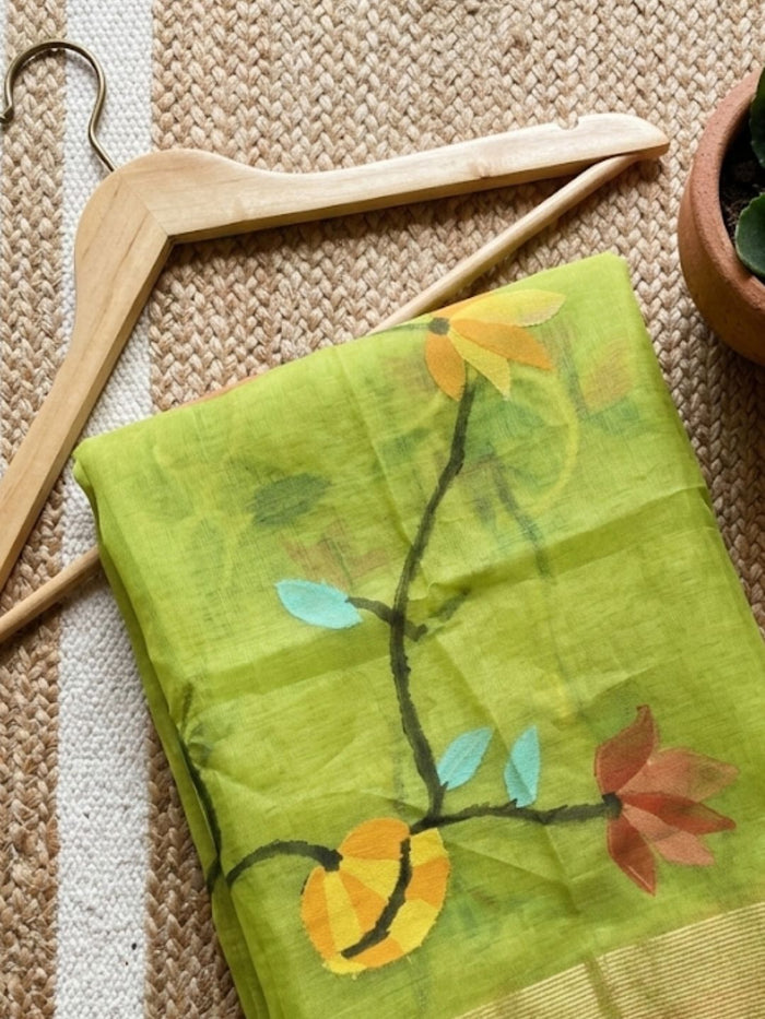 Indiehaat | Muslin Jamdani Silk Saree Handloom Green