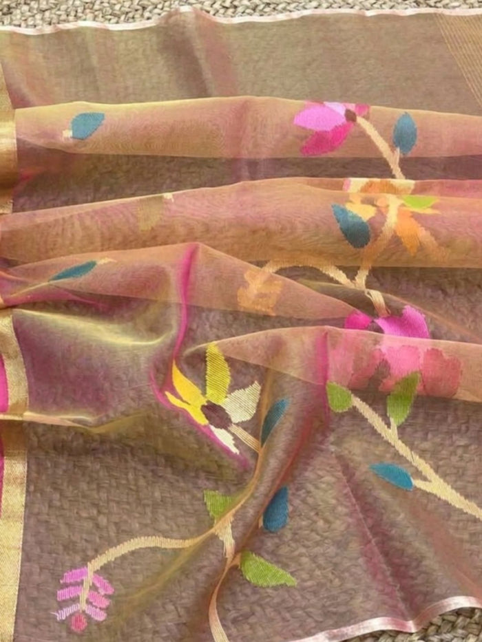 Indiehaat | Muslin Jamdani Silk Saree Handloom Beige