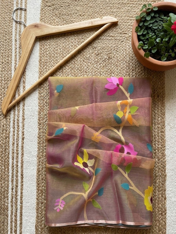 Indiehaat | Muslin Jamdani Silk Saree Handloom Beige