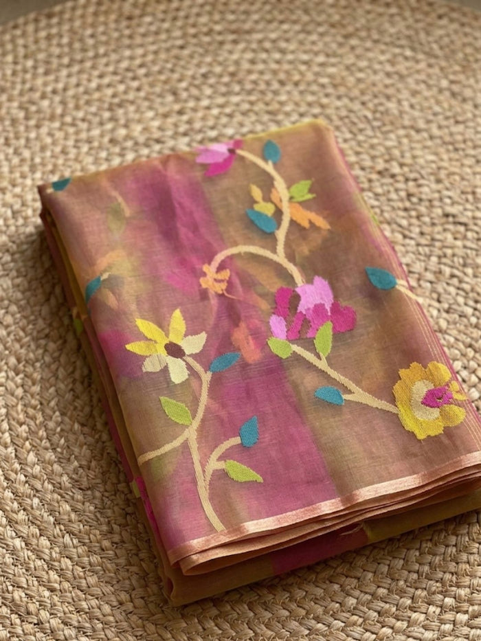 Indiehaat | Muslin Jamdani Silk Saree Handloom Beige
